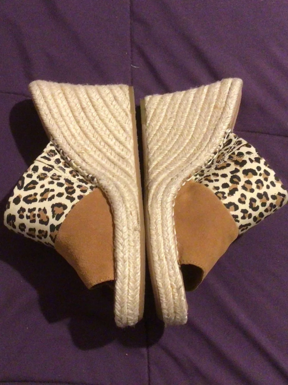 Like New Toms Caramel Suede Leopard Print Wedge 7.5